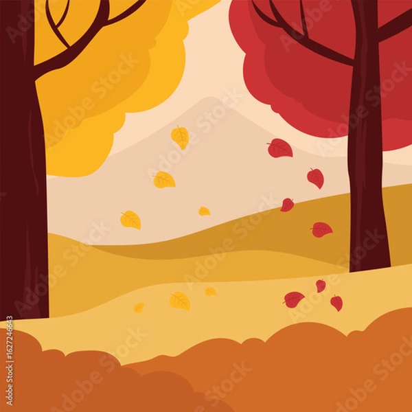 Fototapeta Autumn landscape with trees and fallen leaves.