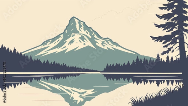 Obraz Mountain lake landscape vector illustration with pine trees and reflection scenic nature background art, 96