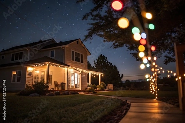 Fototapeta Charming Farmhouse at Night with Starry Sky and String Lights