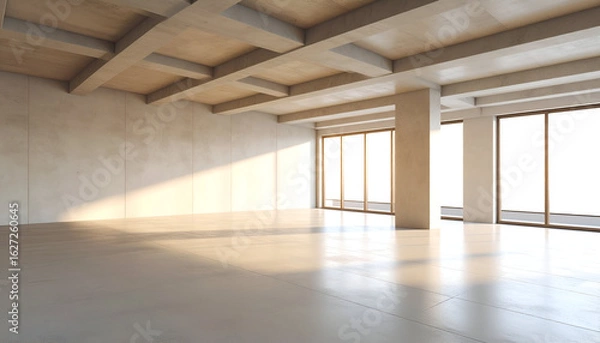 Fototapeta Expansive empty room interior with a high ceiling, wooden beams, and concrete floor, bathed in warm afternoon sunlight from large windows.