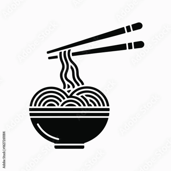 Fototapeta Black silhouette of delicious noodles being lifted with chopsticks from a bowl