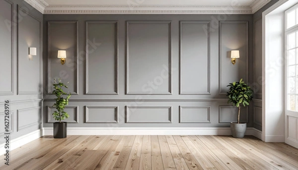 Fototapeta Elegant mockup of a classic empty room with soft gray wainscoting walls, a wide pine floor, and warm ambient indoor light.