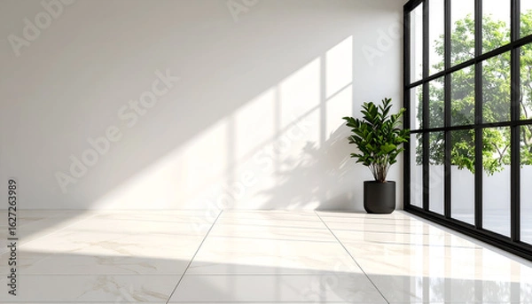 Fototapeta An elegant modern room mockup with a black window frame casting a long shadow on clean matte white walls and cream marble tile flooring.
