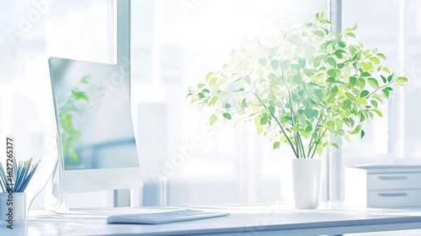 Fototapeta Modern workspace with computer and greenery.