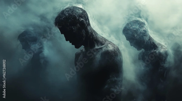 Fototapeta Three men stand quietly, surrounded by thick smoke, heads lowered in sadness.