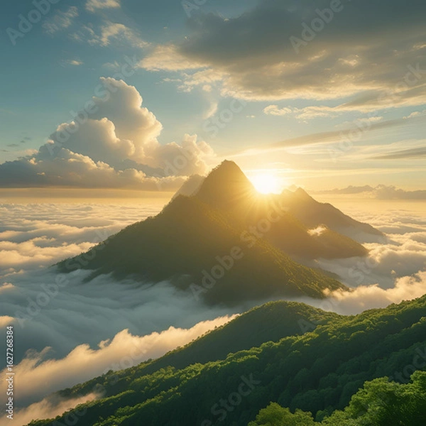 Fototapeta Floating mountains above the clouds, golden sunrise, lush green forests, surreal landscape, peaceful and dreamy atmosphere

