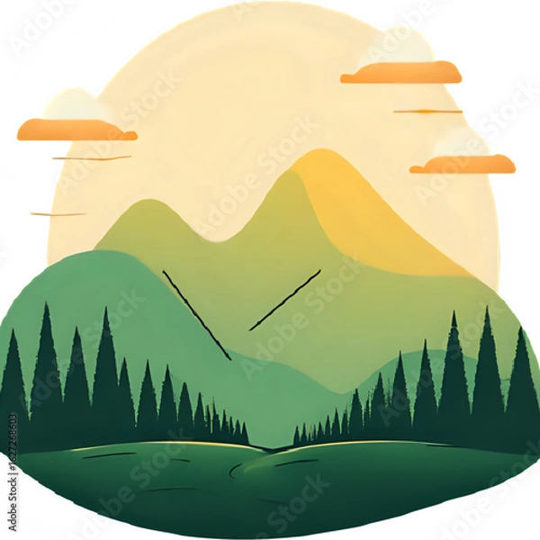 Fototapeta Floating mountains above the clouds, golden sunrise, lush green forests, surreal landscape, peaceful and dreamy atmosphere
