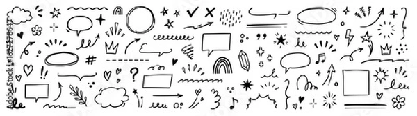 Fototapeta Line brush heart vector set. Hand drawn sketch doodle style arrow, cloud, star with marker stroke pencil highlight. Cute handwritten crown, heart, star line brush art design. Vector illustration