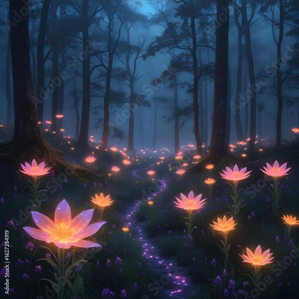 Fototapeta Glowing bioluminescent flowers in a magical forest at night, mysterious light, dark background, fantasy style, surreal beauty

