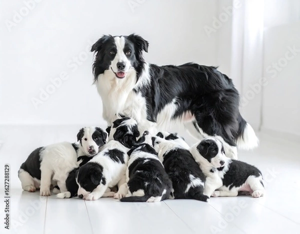 Fototapeta A beautiful Border Collie mom stands proudly with her adorable litter of puppies