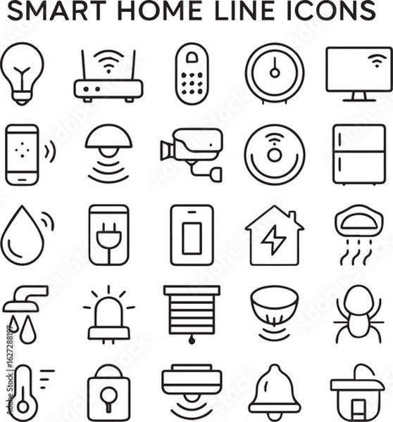 Fototapeta Smart home and IoT line icons for automation and control systems, including lights, routers, security, and energy symbols.

