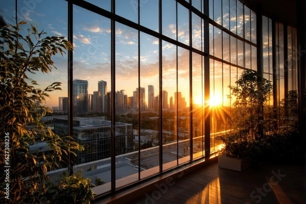Obraz City sunset through large windows