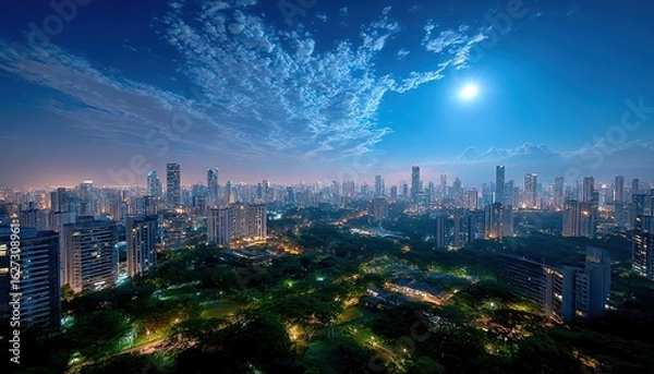 Obraz Cityscape at twilight with moonlit clouds