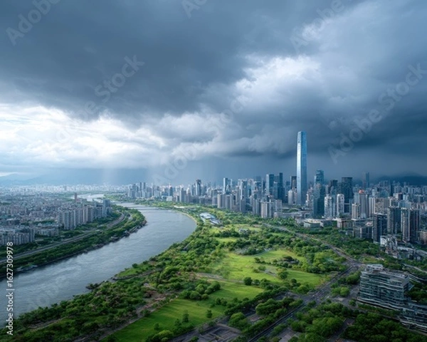 Obraz Cityscape panorama on a cloudy day