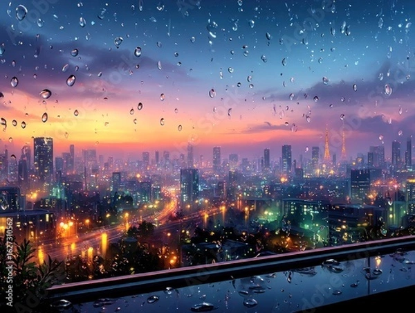 Obraz Cityscape view through rainy window