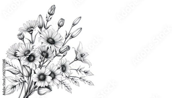 Fototapeta Elegant botanical composition with daisies and lilies in grayscale drawing