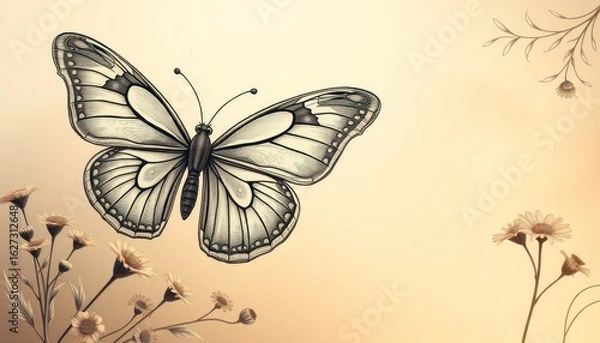 Fototapeta Artistic rendition featuring butterfly and floral sketches, graceful design