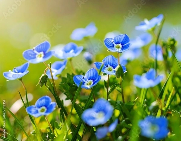 Fototapeta Close-up of delicate blue forget-me-not flowers blooming in a sunny meadow