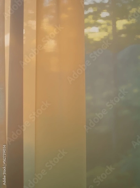 Obraz Warm golden sunlight filtered through semi-transparent curtains during a peaceful afternoon, with soft shadows of trees in the background, perfect for cozy interior design, natural lighting textures, 