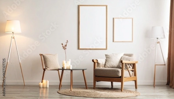 Fototapeta A compact studio apartment corner featuring a neutral-toned accent chair, small side table with candles, and two vertical blank poster frames on a cream-colored wall.
