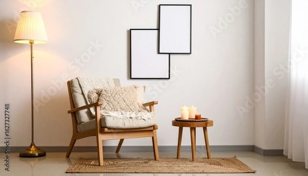 Fototapeta A compact studio apartment corner featuring a neutral-toned accent chair, small side table with candles, and two vertical blank poster frames on a cream-colored wall.