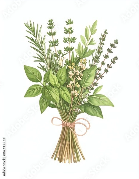 Fototapeta A vibrant illustration of a mixed herb bouquet showcasing various aromatic herbs tied with a ribbon.