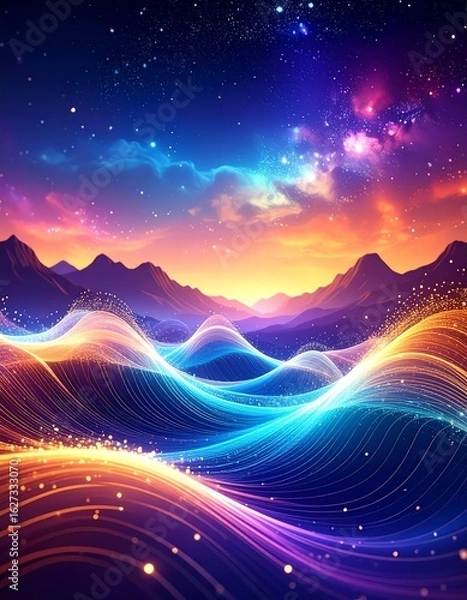 Fototapeta A stunning digital landscape with vibrant colors and waves of light against a mountain backdrop during sunset.