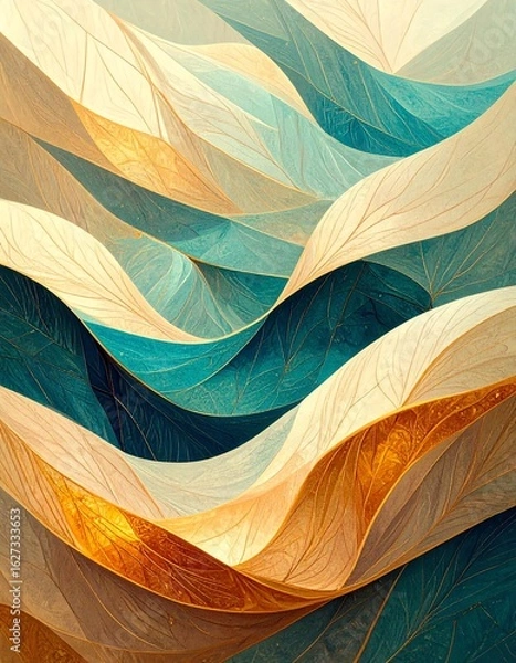 Obraz An abstract composition featuring flowing layers of textured leaves in warm and cool tones.