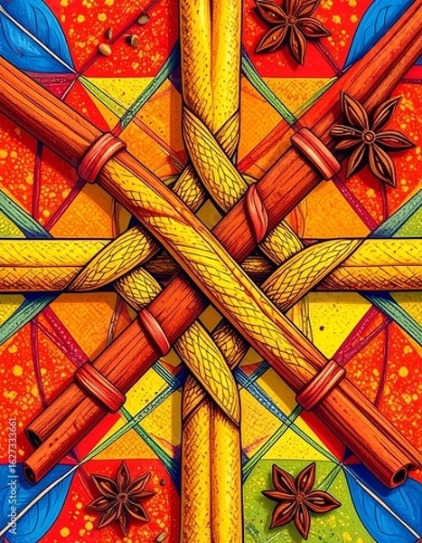 Fototapeta Vibrant spices arranged artistically in a colorful pattern, showcasing culinary creativity and vibrant flavors.