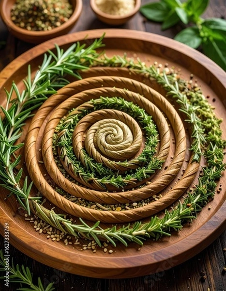 Fototapeta Artfully arranged spiral of fresh herbs showcasing natural textures and colors in a rustic wooden bowl.