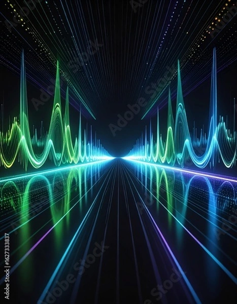 Fototapeta Dynamic visualization of sound waves in vibrant colors representing music and audio technology.