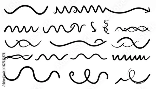 Fototapeta Set of hand-drawn black wavy and curly lines. Sketchy doodle elements including swirls, zigzags, and arrows.