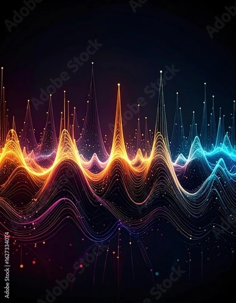 Obraz A vibrant abstract representation of sound waves, showcasing colorful peaks and valleys on a dark background.