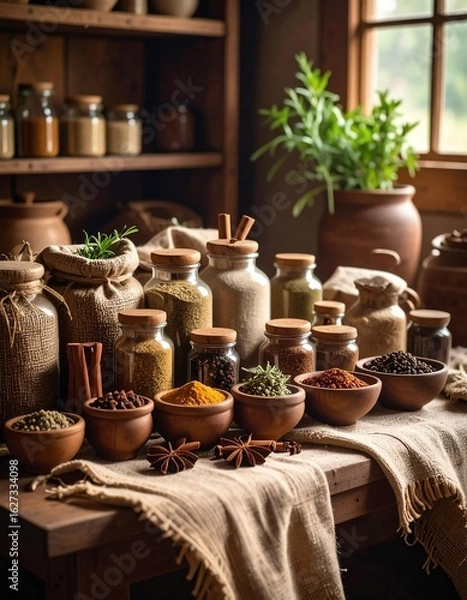 Obraz A rustic display of spices and herbs in jars and bowls, showcasing the rich variety of flavors and aromas.