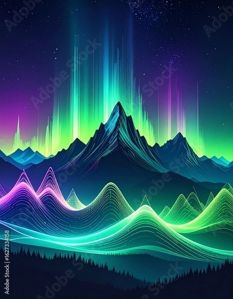 Fototapeta A vibrant digital artwork of mountains and colorful northern lights illuminating the night sky.