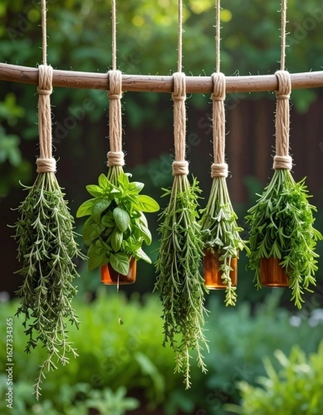 Fototapeta A beautiful display of fresh herbs hanging, showcasing the vibrant greens and textures in a natural setting.