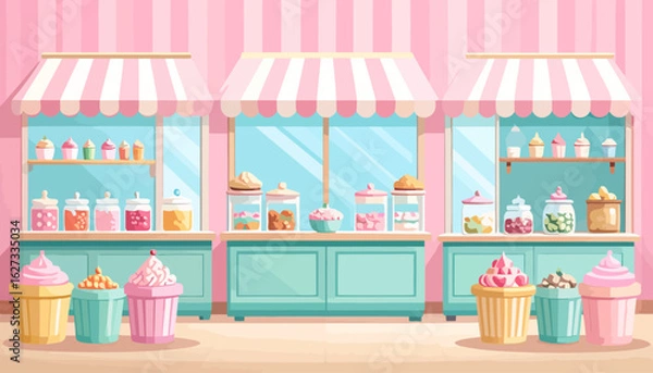 Fototapeta Charming pastel candy shop storefront with striped awnings, cupcakes, and jars of sweets.