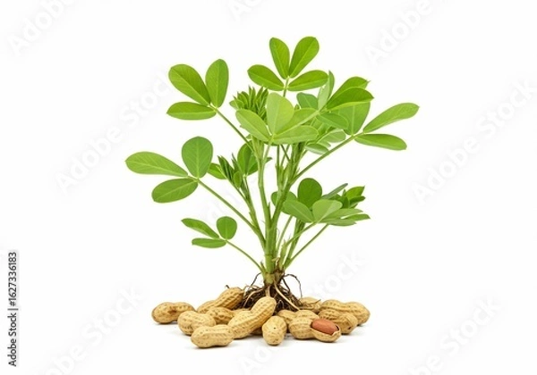 Obraz Peanut plant with green leaves and peanuts in shells on a white background