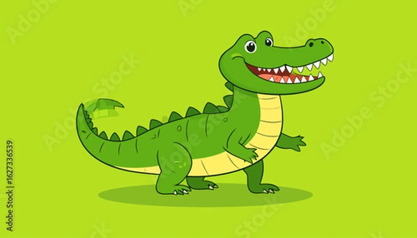 Fototapeta Cheerful green cartoon crocodile with a wide toothy smile and spiky back.