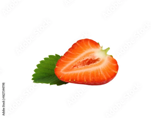 Fototapeta Vibrant Red Strawberry Half Showing Juicy Flesh and Seeds with a Fresh Green Leaf.