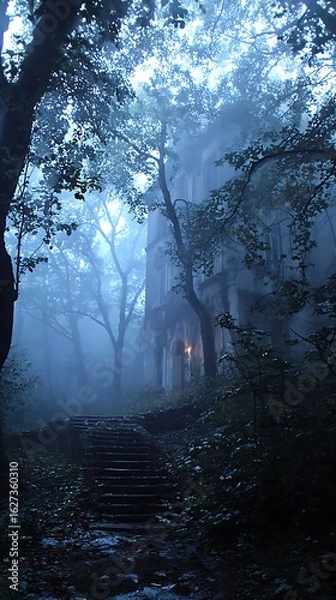 Fototapeta Old abandoned haunted house on a forest hill, pale moonlight shining through dense fog, spooky gothic vibe