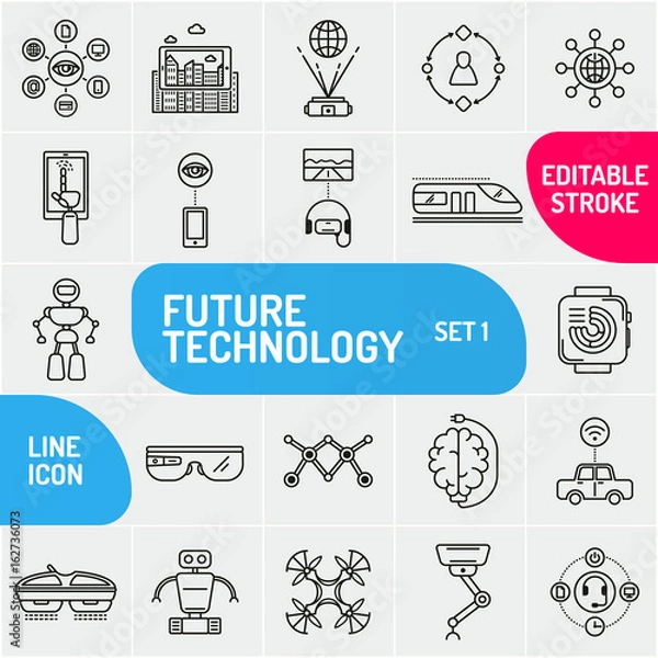 Fototapeta Modern thin line icons set of future technology and artificial intelligent robot