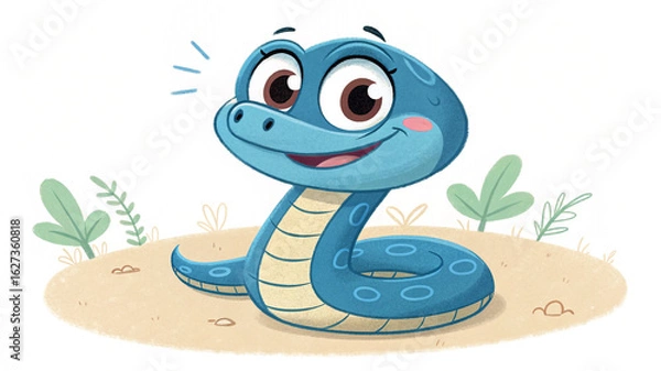Obraz Cartoon snake illustration cute snake drawing blue snake reptile animal character design happy snake smiling