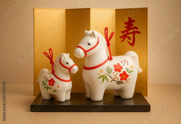 Fototapeta 2026年の干支・縁起の白馬親子飾り