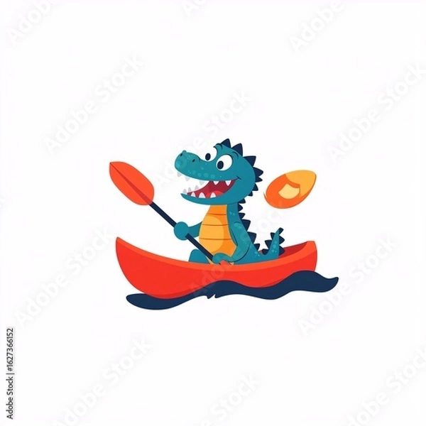 Obraz Joyful Cartoon Crocodile Kayaking on a Gentle River Adventure