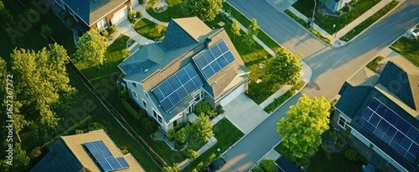 Fototapeta Aerial view of a suburban house, smart home powered by photovoltaic solar cells
