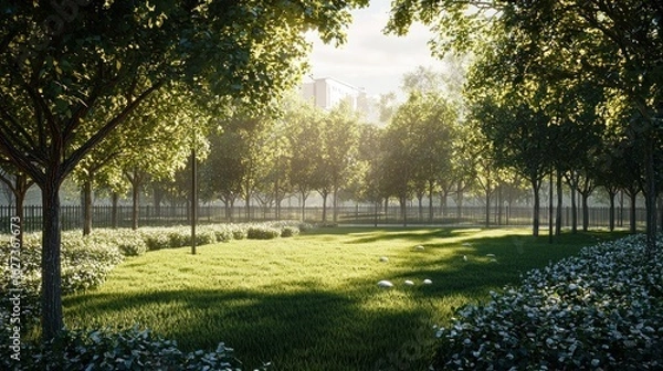 Fototapeta 3d render of small fenced grove in middle of city