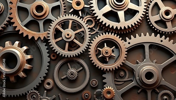 Obraz Industrial cogs and gears placed in a spiraling layout, aged with rust and grit—perfect for steampunk or engineering visuals.

