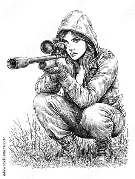 Obraz Female Shooter in Camouflage Ready with Sniper Rifle in Landscape