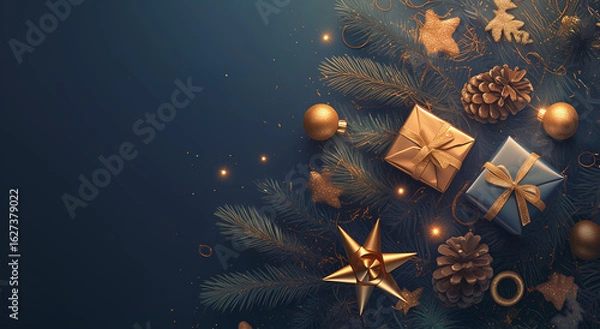 Obraz "Dark Blue Gold Christmas New Year Gifts Candy Background (Flat Lay/Copy Space) - HD Realistic Banner for E-commerce, Holiday Cards"

